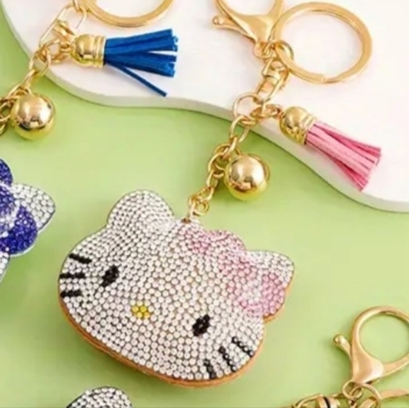 Hello Kitty Pink Bow Crystal Rhinestone Keychain Bag Charm With Tan Tass… - Picture 5 of 14